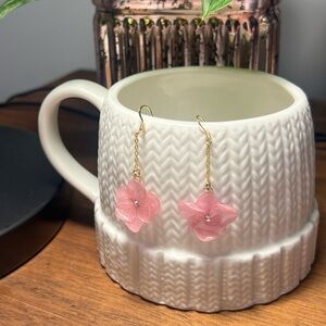 Handmade Real Preserved Flower Earrings, 3D Pink Blossom, Gold Plated